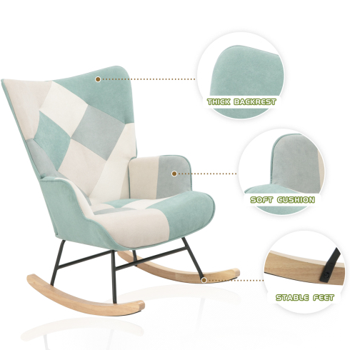 Accent Rocking Chair – Mid-Century Fabric Rocker with Patchwork Linen & Wood Legs