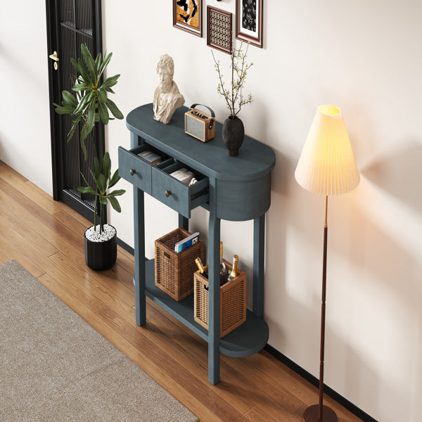 Elegant Retro Console Table – Vintage Navy Wooden Entryway Table with Drawers & Shelf