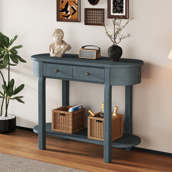 Elegant Retro Console Table – Vintage Navy Wooden Entryway Table with Drawers & Shelf