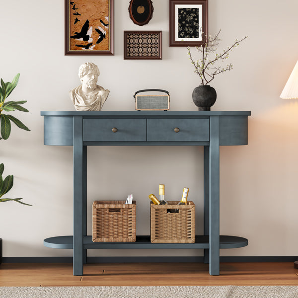 Elegant Retro Console Table – Vintage Navy Wooden Entryway Table with Drawers & Shelf