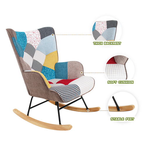 Accent Rocking Chair – Mid-Century Fabric Rocker with Patchwork Linen & Wood Legs