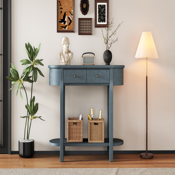 Elegant Retro Console Table – Vintage Navy Wooden Entryway Table with Drawers & Shelf