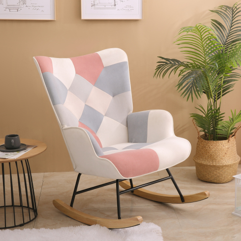 Accent Rocking Chair – Mid-Century Fabric Rocker with Patchwork Linen & Wood Legs