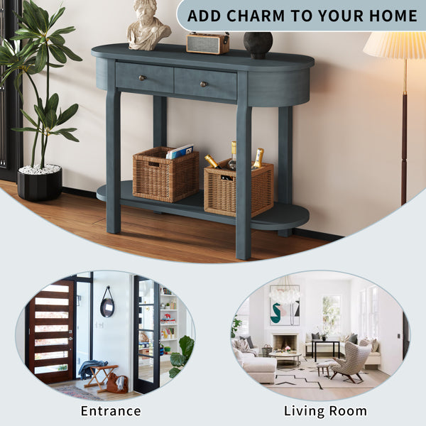 Elegant Retro Console Table – Vintage Navy Wooden Entryway Table with Drawers & Shelf