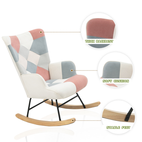 Accent Rocking Chair – Mid-Century Fabric Rocker with Patchwork Linen & Wood Legs