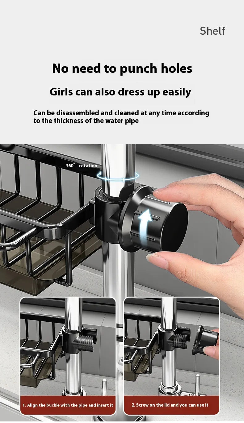 Multifunctional Aluminum Sink Faucet Storage Rack – Drain Basket & Organizer for Kitchen & Bathroom