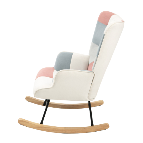 Accent Rocking Chair – Mid-Century Fabric Rocker with Patchwork Linen & Wood Legs