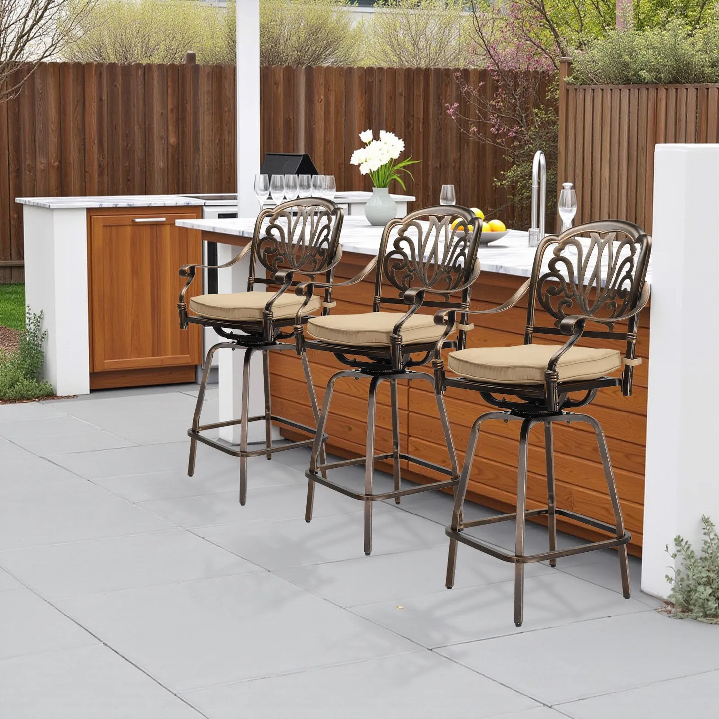 2PCS Cast Aluminum Swivel Bar Stools – Bronze Finish with Beige Cushions