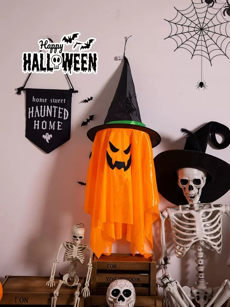 Glowing Ghost Halloween Hanging Decorations with Wizard Hats – Battery Operated Party Ornaments
