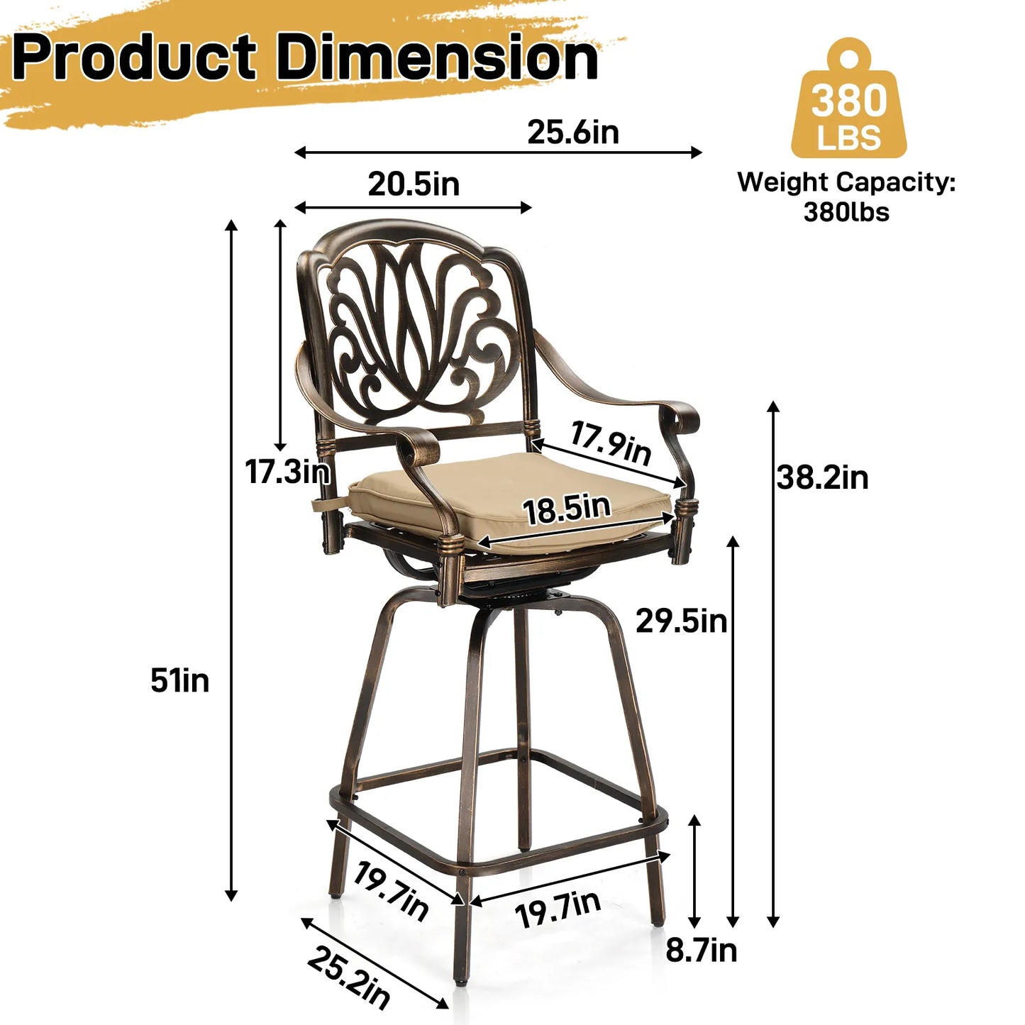 2PCS Cast Aluminum Swivel Bar Stools – Bronze Finish with Beige Cushions