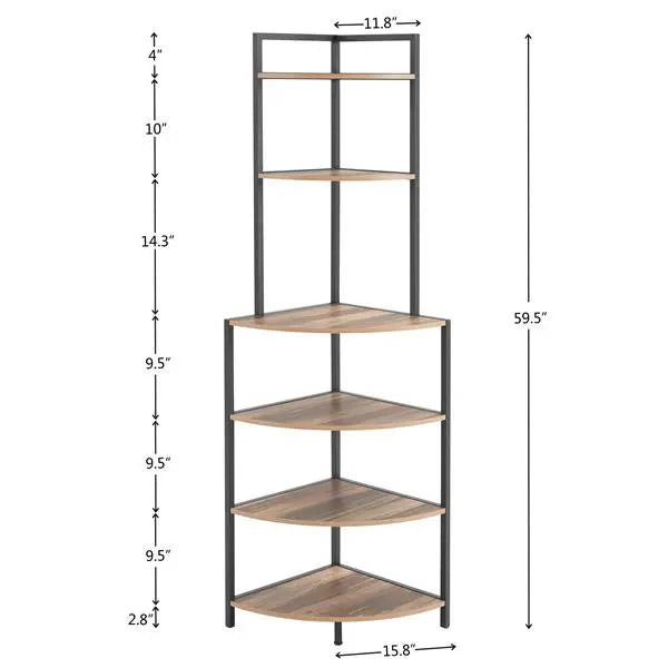 6-Tier Floor Corner Open Bookshelf – Modern Rustic Wood Shelf for Small Spaces