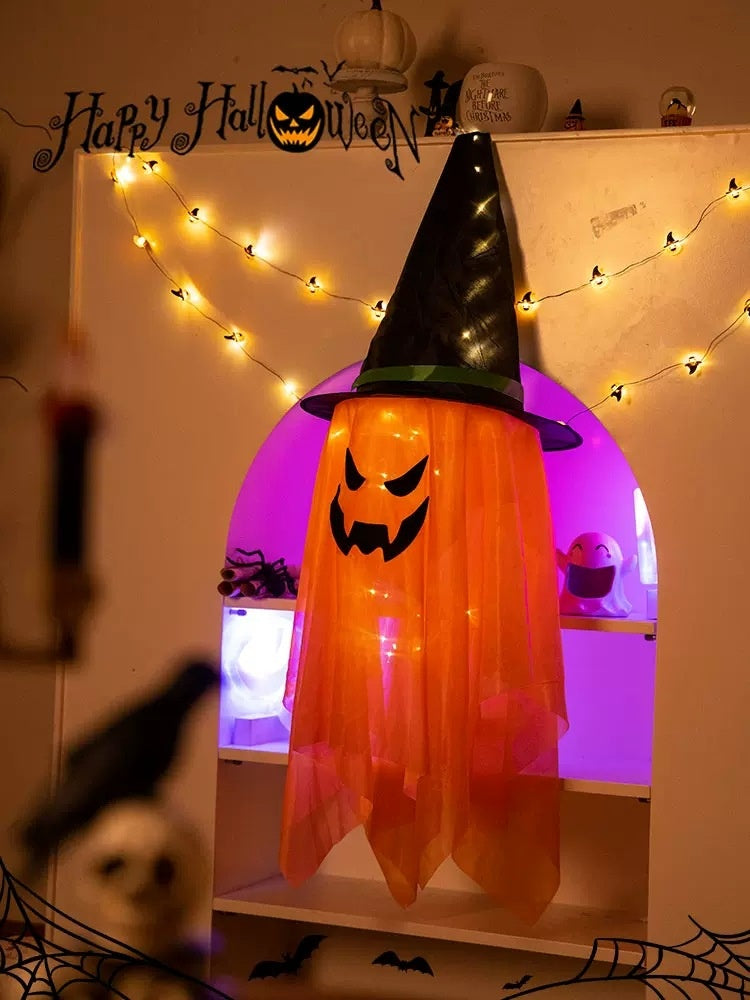 Glowing Ghost Halloween Hanging Decorations with Wizard Hats – Battery Operated Party Ornaments