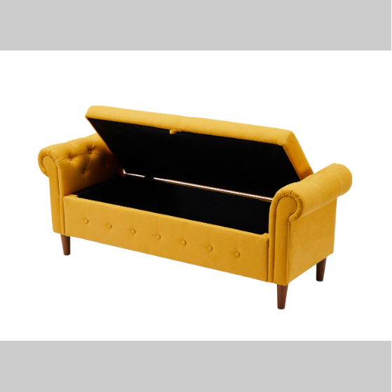 Yellow Multifunctional Storage Sofa Stool – Rectangular Linen Ottoman with Hidden Compartment