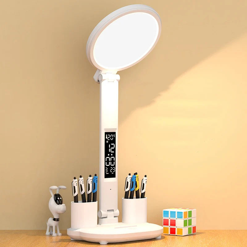 3-in-1 LED Desk Lamp with Clock, USB Charging & Foldable Fan – Eye Protection Night Light