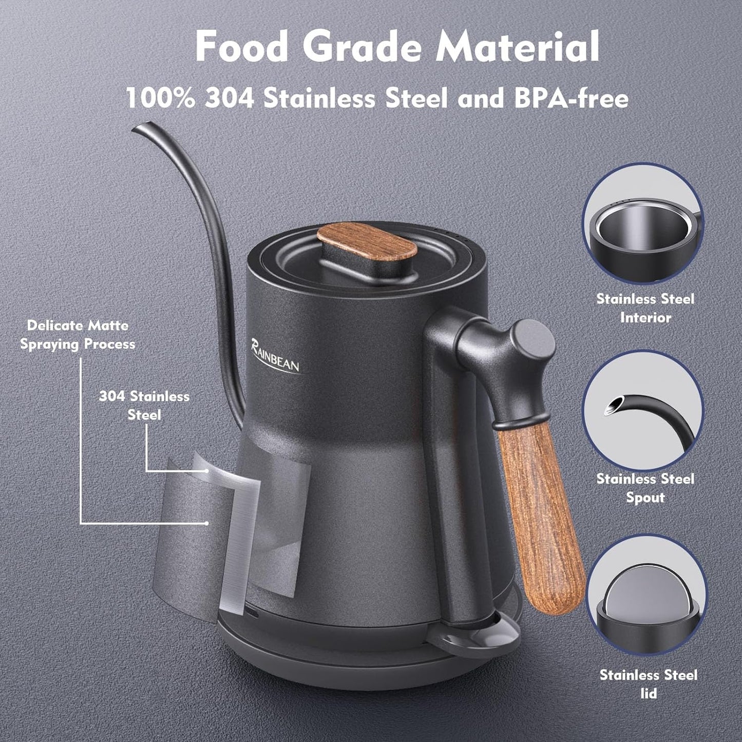 Gooseneck Electric Kettle – 1000W Fast Boil, 100% Stainless Steel Inner, BPA-Free with Auto Shutoff & Precision Pour