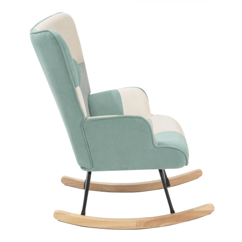 Accent Rocking Chair – Mid-Century Fabric Rocker with Patchwork Linen & Wood Legs