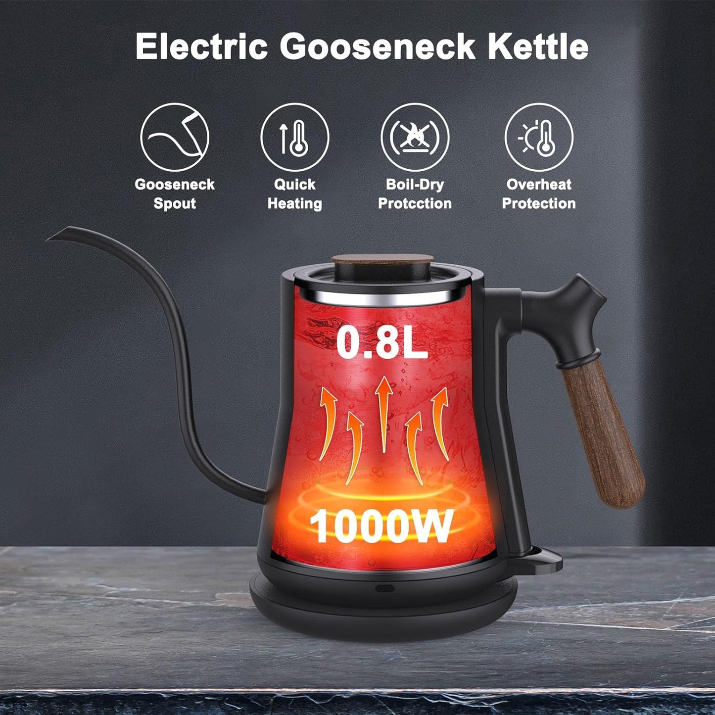 Gooseneck Electric Kettle – 1000W Fast Boil, 100% Stainless Steel Inner, BPA-Free with Auto Shutoff & Precision Pour