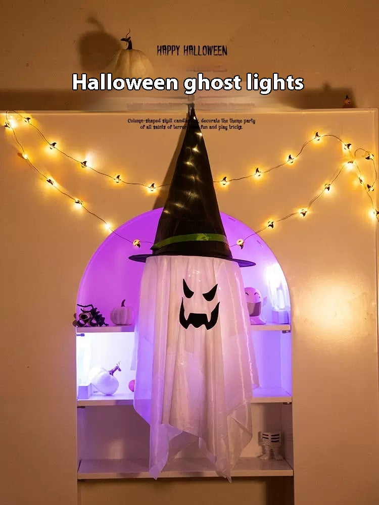 Glowing Ghost Halloween Hanging Decorations with Wizard Hats – Battery Operated Party Ornaments