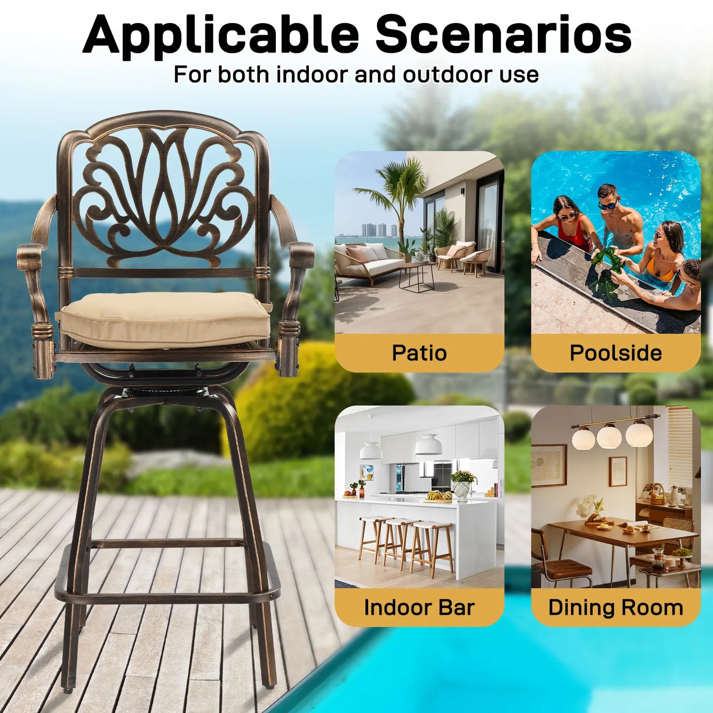2PCS Cast Aluminum Swivel Bar Stools – Bronze Finish with Beige Cushions