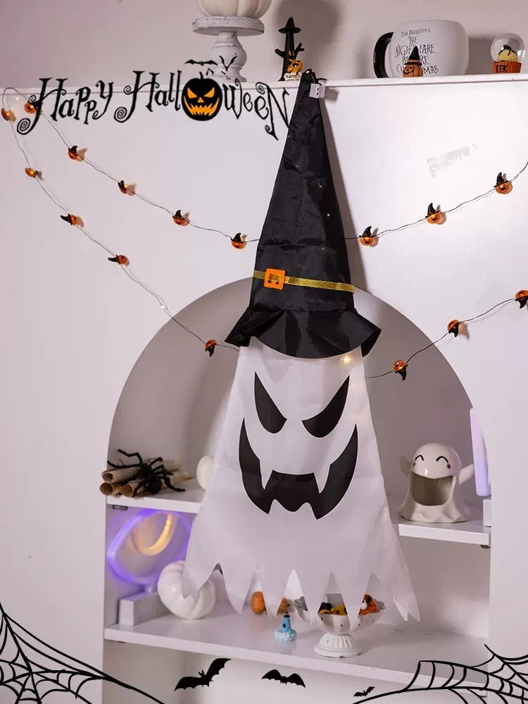 Glowing Ghost Halloween Hanging Decorations with Wizard Hats – Battery Operated Party Ornaments