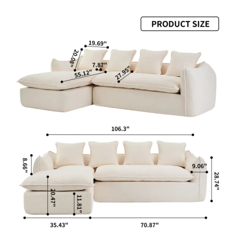 VIDEO Provided Deep Seat L-Shape Sofa 3 Seater with Chaise – Oversized Sleeper Sectional for Living Room, Apartment, Office – Left Hand Facing (Beige/Grey)