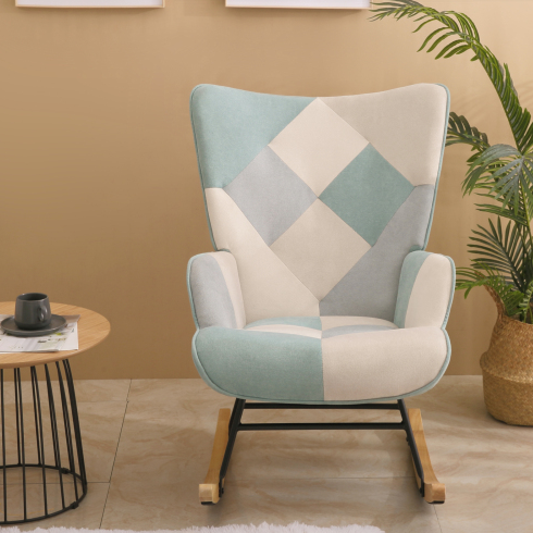 Accent Rocking Chair – Mid-Century Fabric Rocker with Patchwork Linen & Wood Legs