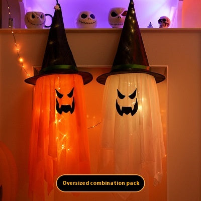 Glowing Ghost Halloween Hanging Decorations with Wizard Hats – Battery Operated Party Ornaments