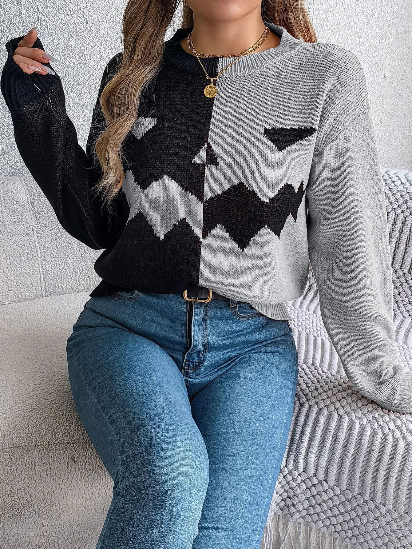 Halloween Ghost Contrast‑Color Pullover Sweater – Loose Knit Top for Women