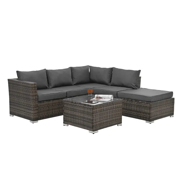 4-Piece PE Rattan Patio Set with Tempered Glass Table