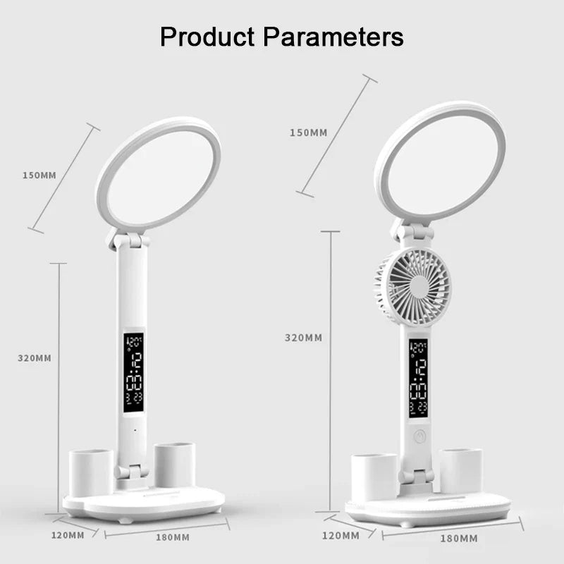 3-in-1 LED Desk Lamp with Clock, USB Charging & Foldable Fan – Eye Protection Night Light