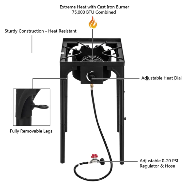 -Outdoor Camp Stove High Pressure Propane Gas Cooker Portable Cast Iron Patio Cooking Burner Single Burner 75000-BTU