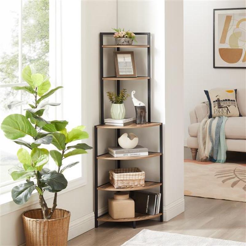 6-Tier Floor Corner Open Bookshelf – Modern Rustic Wood Shelf for Small Spaces