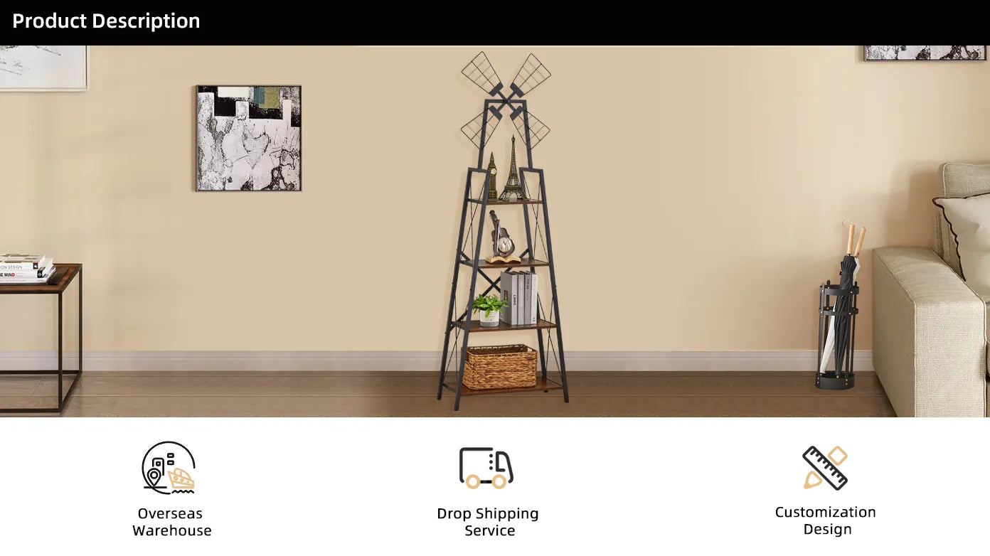 Windmill™ 4Tier Bookshelf – Modern Industrial Metal & Wood Shelving Unit