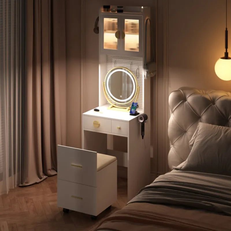 Modern Compact Vanity Desk Set with LED Mirror, Charging Station & Storage Stool