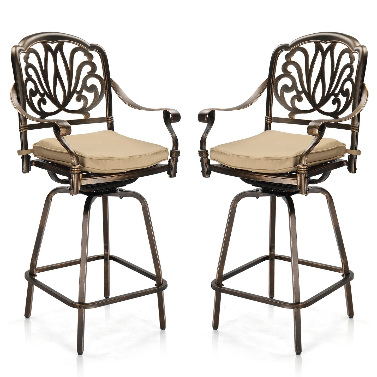 2PCS Cast Aluminum Swivel Bar Stools – Bronze Finish with Beige Cushions