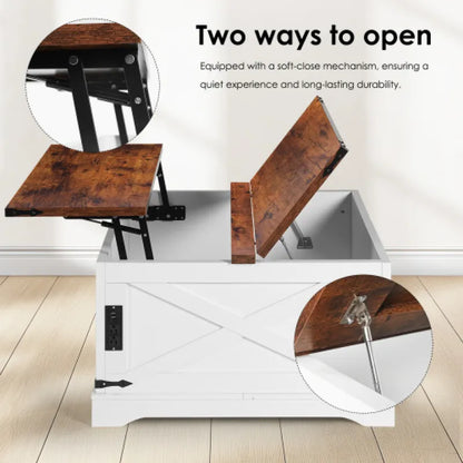 Multi-functional Lifting Coffee Table with USB & Power Outlets – 90CM Retro Vintage White, Living Room Home Table