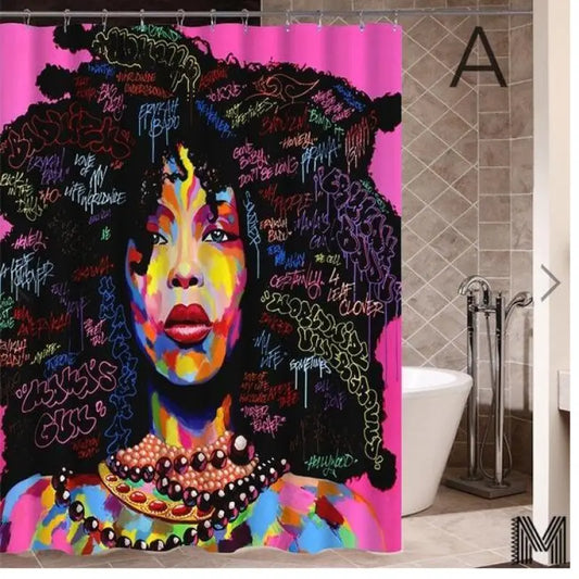Graffiti Art African Girl Shower Curtain – Bold Hip‑Hop Portrait with Urban Skyline