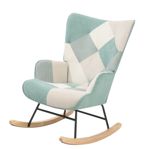 Accent Rocking Chair – Mid-Century Fabric Rocker with Patchwork Linen & Wood Legs