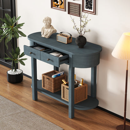 Elegant Retro Console Table – Vintage Navy Wooden Entryway Table with Drawers & Shelf