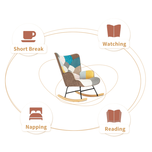 Accent Rocking Chair – Mid-Century Fabric Rocker with Patchwork Linen & Wood Legs