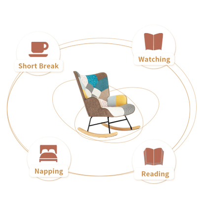 Accent Rocking Chair – Mid-Century Fabric Rocker with Patchwork Linen & Wood Legs