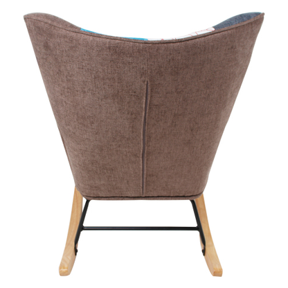 Accent Rocking Chair – Mid-Century Fabric Rocker with Patchwork Linen & Wood Legs