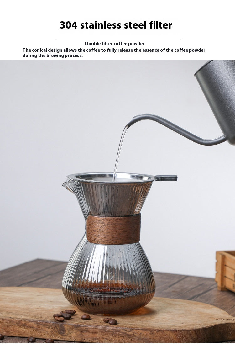 Striped Glass Coffee Pot with Wooden Ring