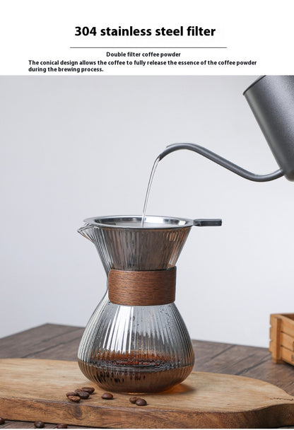 Striped Glass Coffee Pot with Wooden Ring