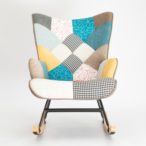 Accent Rocking Chair – Mid-Century Fabric Rocker with Patchwork Linen & Wood Legs