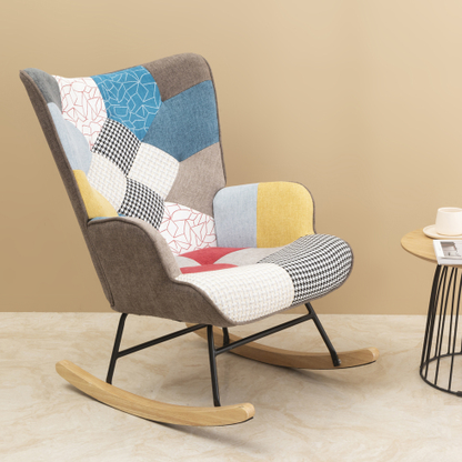 Accent Rocking Chair – Mid-Century Fabric Rocker with Patchwork Linen & Wood Legs