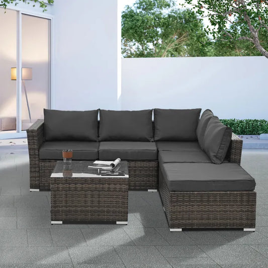 4-Piece PE Rattan Patio Set with Tempered Glass Table