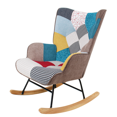 Accent Rocking Chair – Mid-Century Fabric Rocker with Patchwork Linen & Wood Legs