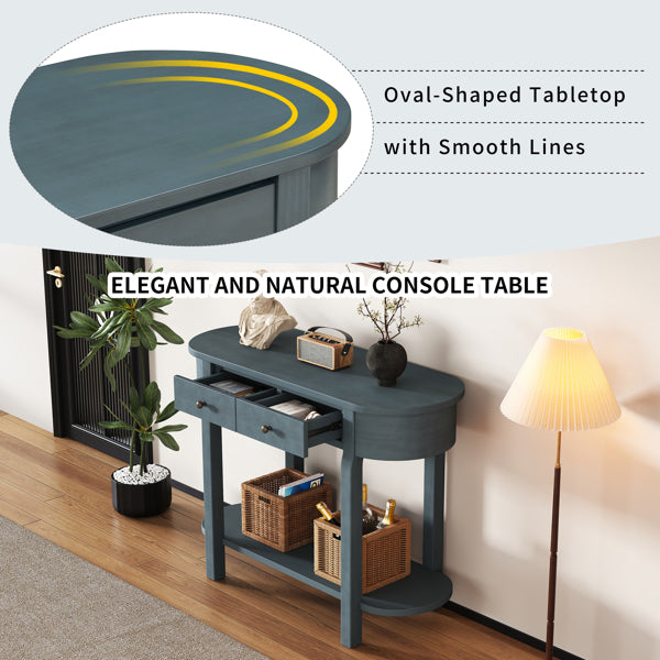Elegant Retro Console Table – Vintage Navy Wooden Entryway Table with Drawers & Shelf