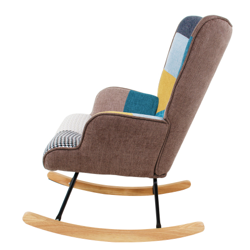 Accent Rocking Chair – Mid-Century Fabric Rocker with Patchwork Linen & Wood Legs